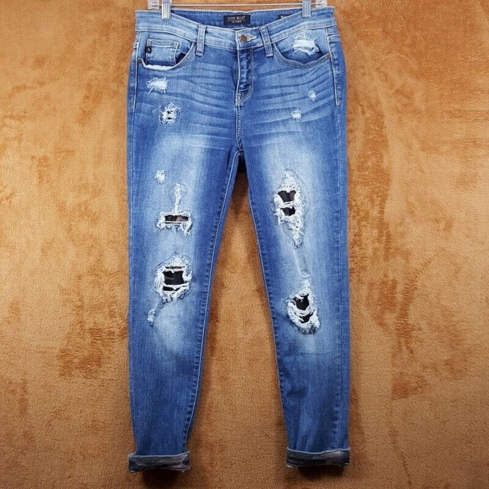 JUDY BLUE Jeans Womens Size 11 30 Blue Medium Wash Skinny Fit Ripped Camo Lined